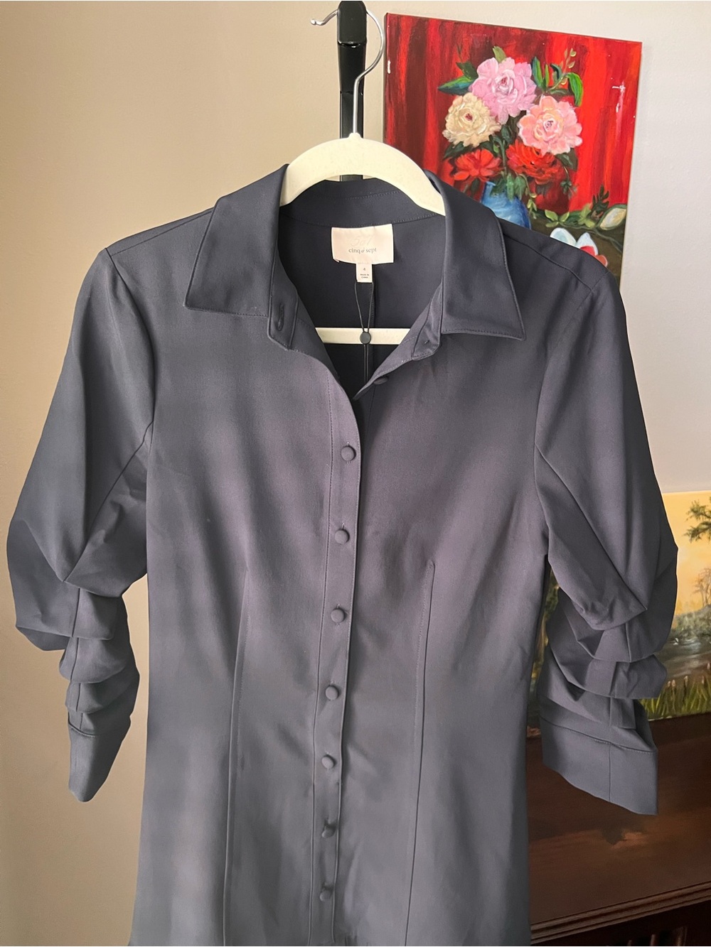 cinq a sept lucilla navy Button-Front Pleated Hem Dress - Picture 4 of 13